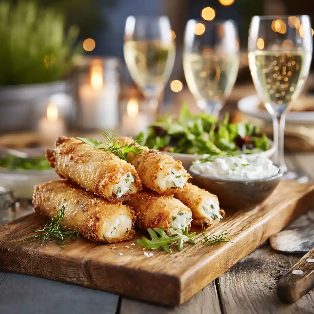 Cigares croustillants au fromage servis sur plateau avec vin blanc, salade verte et sauce tzatziki pour un apéritif dinatoire élégant