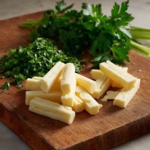 Étape 1 de la préparation : bâtonnets d'emmental coupés et persil effeuilé pour les cigares croustillants au fromage