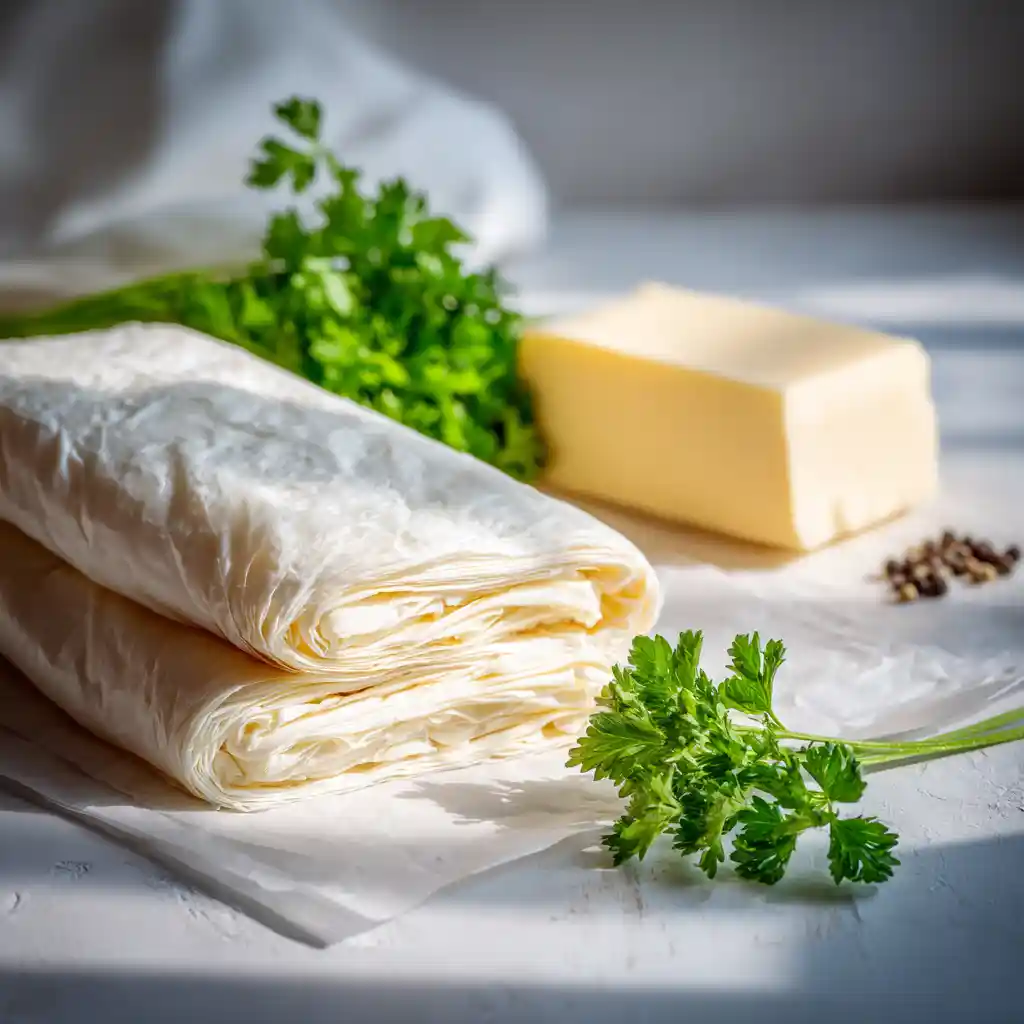 Ingrédients pour les cigares croustillants au fromage : pâte filo, beurre, emmental, persil frais et poivre sur surface blanche