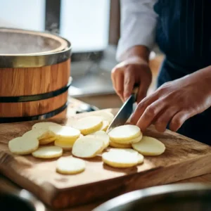 Préparation couronne feuilletée apéritif étape 1 : pommes de terre cuites à la vapeur tranchées en rondelles fines