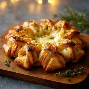 Couronne feuilletée apéritif en forme d'étoile dorée avec Mont d'Or coulant, 16 morceaux torsadés parfaitement cuits