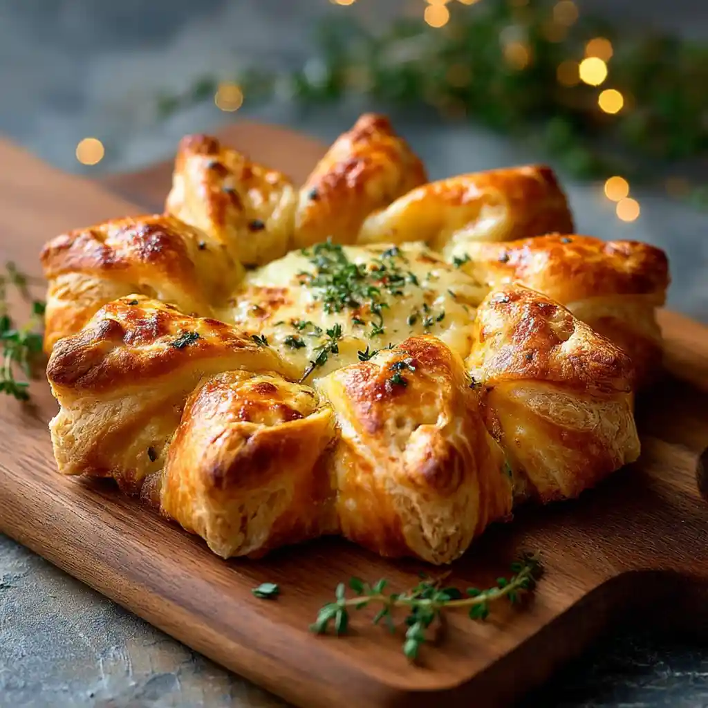 Couronne feuilletée apéritif au Mont d'Or dorée et croustillante sortant du four, fromage fondant au centre