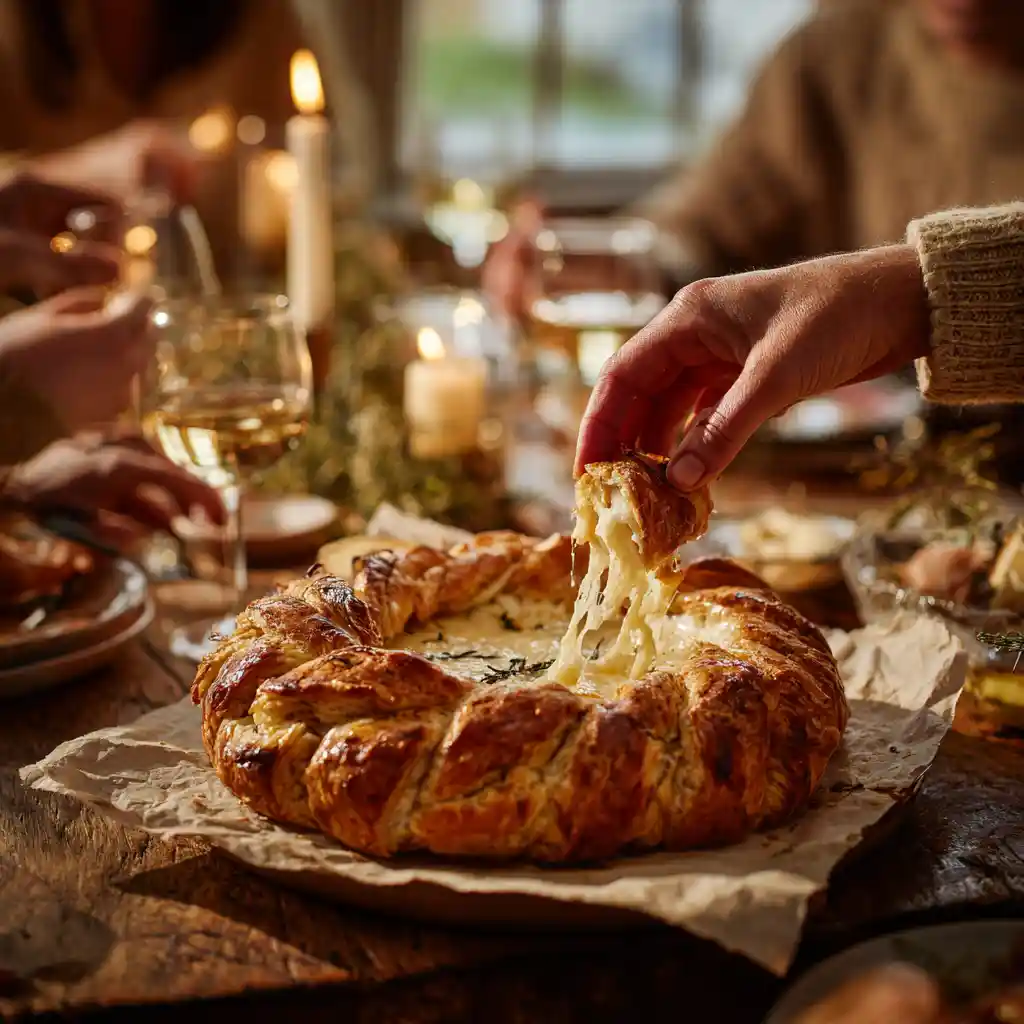Couronne feuilletée apéritif au Mont d'Or servie au centre de la table, mains arrachant un morceau pour tremper dans le fromage