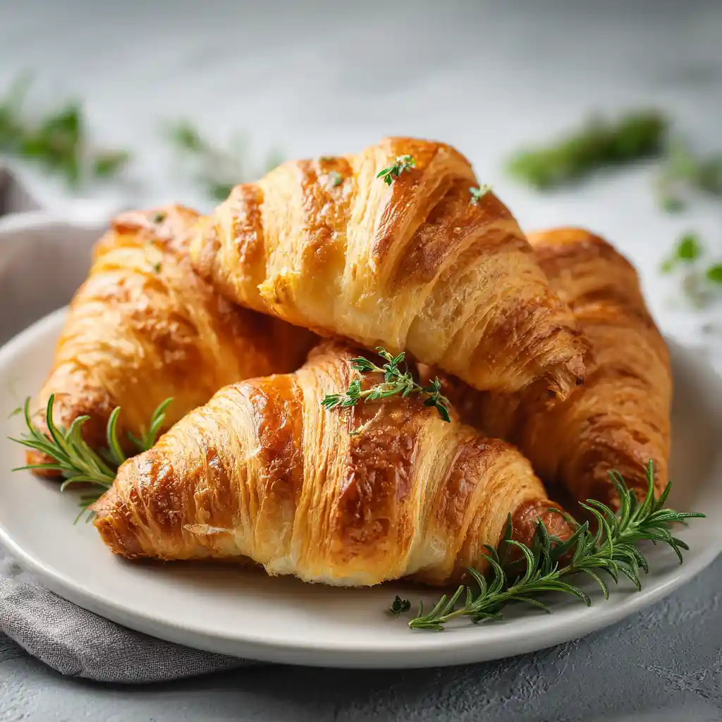 Assiette de minis croissants pate feuilletée dorés présentés élégamment, apéritif français traditionnel