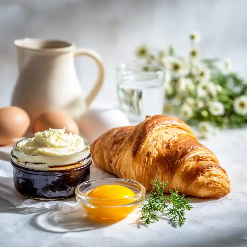Ingrédients pour la recette du croissant pate feuilletée : pâte feuilletée pur beurre, anchoïade provençale, jaune d'œuf, eau