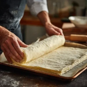 Étape 1 de la recette: pâte feuilletée déroulée sur papier sulfurisé, prête à être garnie pour le sapin feuilleté noël