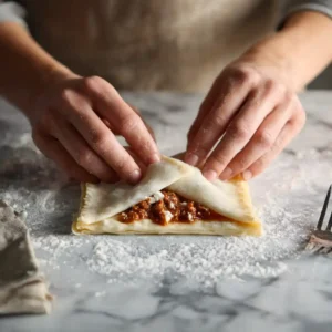 Mains assemblant un feuilleté chorizo en pliant la pâte en triangle avec farce au centre sur plan de travail fariné