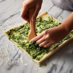 Étape de préparation des feuilletés roulés: pâte feuilletée étalée tartinée de pesto vert avec spatule, vue du dessus sur plan de travail