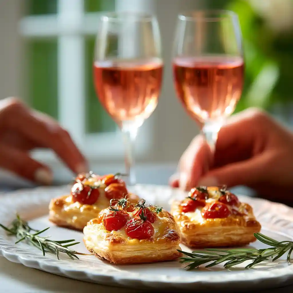 Feuilletés apéritifs à la tomate servis sur un plateau d'apéro avec verres de vin rosé en arrière-plan