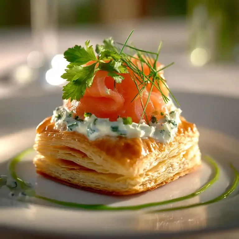Feuilleté au saumon élégant avec chantilly aux herbes fraîches et saumon fumé, recette du Chef Benoît Lambert