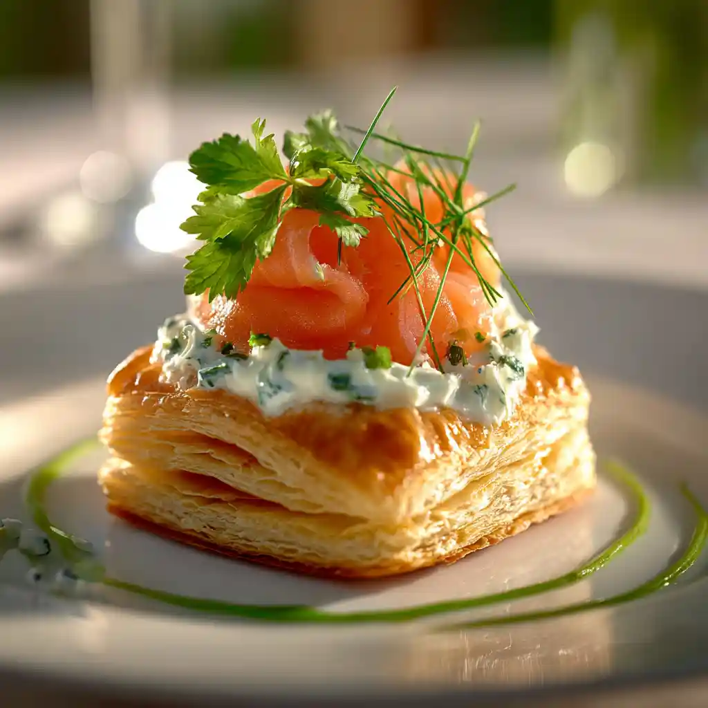 Feuilleté au saumon élégant avec chantilly aux herbes fraîches et saumon fumé, recette du Chef Benoît Lambert