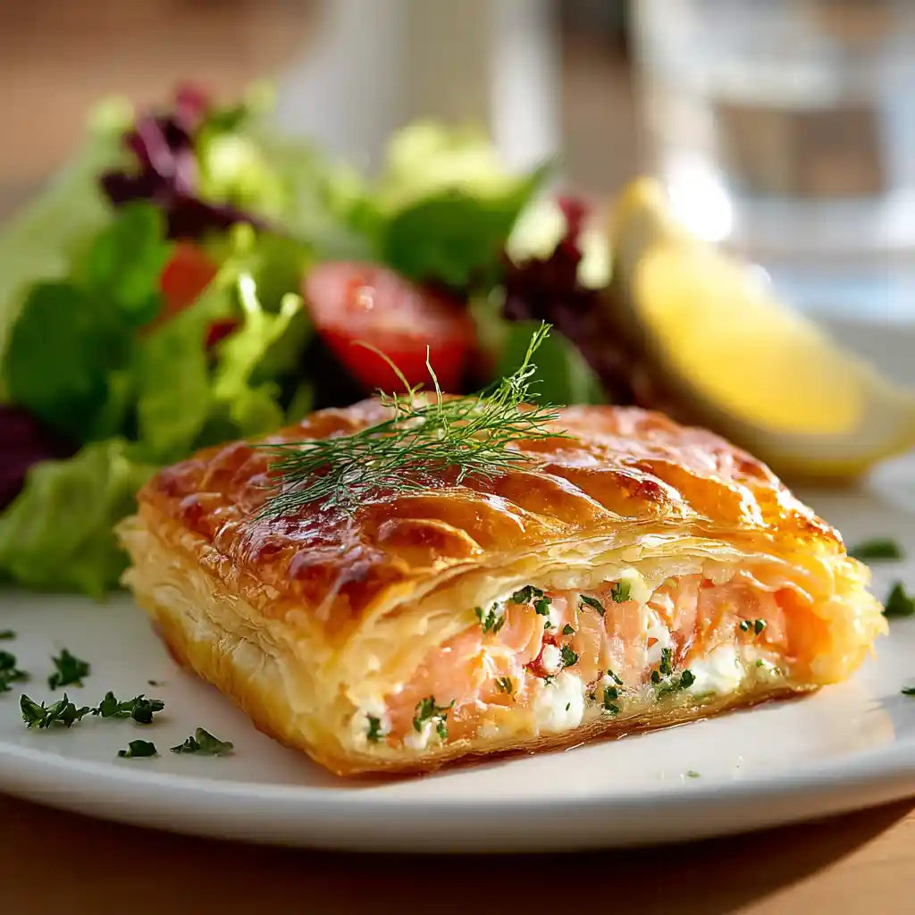Tranche de feuilleté au saumon servie dans une assiette blanche avec salade verte et citron, apéritif gastronomique