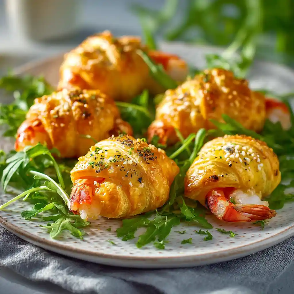 Feuilletés aux crevettes dorés et croustillants servis sur une assiette blanche élégante avec décoration de roquette