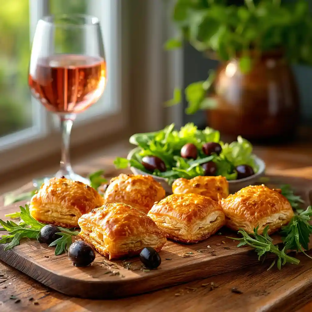 Plateau apéritif avec plusieurs feuilletés chorizo chèvre dorés servis avec rosé et salade verte