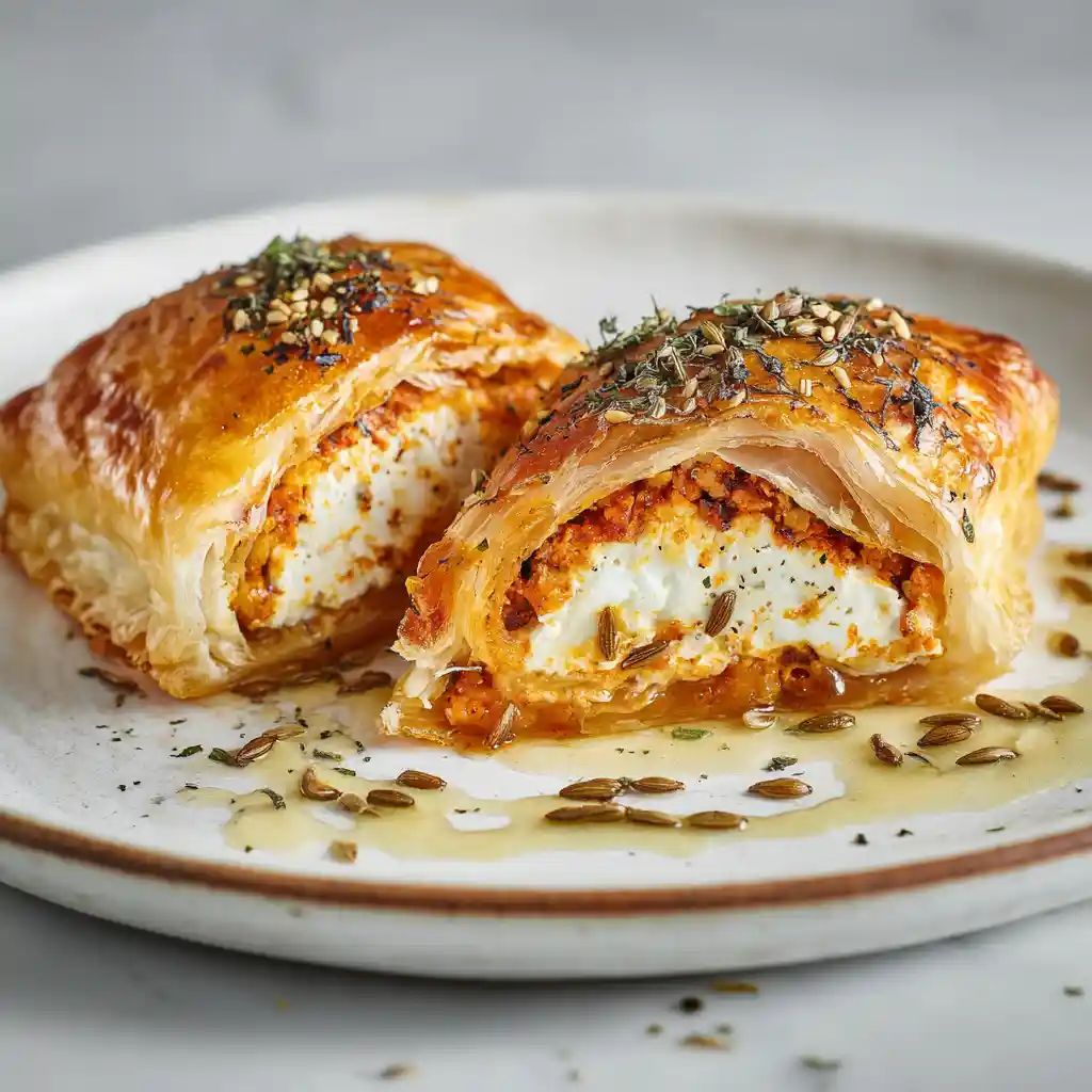 Feuilleté chorizo au fromage de chèvre doré et croustillant coupé en deux sur une assiette blanche par Chef Benoît Lambert