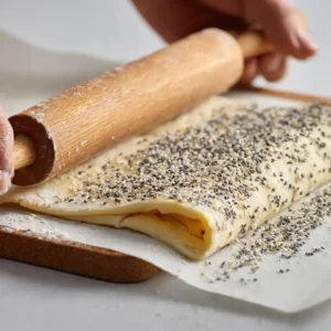 Étape 1 du feuilleté aux crevettes : déroulement de la pâte feuilletée et application des graines