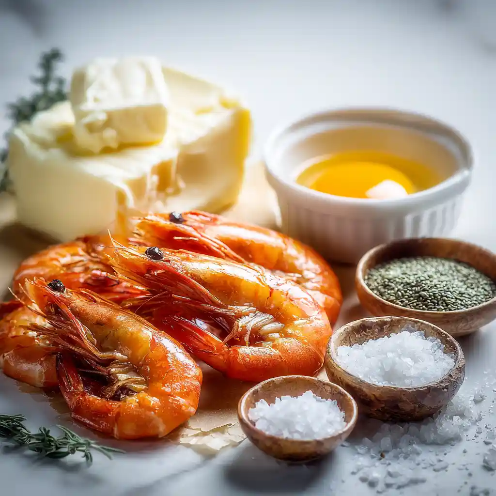 Ingrédients du feuilleté aux crevettes : crevettes roses fraîches, pâte feuilletée, graines de sésame et pavot, œuf