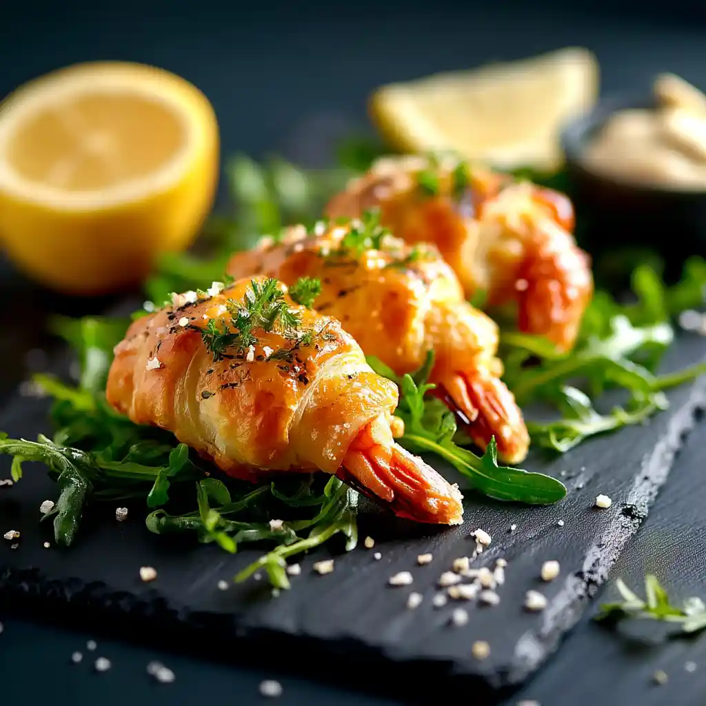 Feuilleté aux crevettes présenté de manière élégante sur ardoise avec accompagnement de salade de roquette et sauce