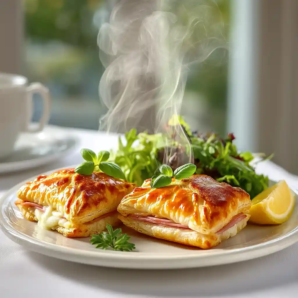 Assiette de feuilletés jambon fromage présentés avec salade verte fraîche