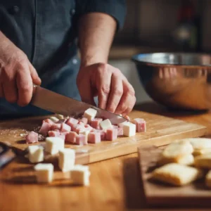 Étape 1 du feuilleté jambon fromage - découpe du jambon et mozzarella en dés réguliers