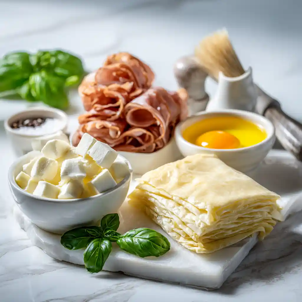 Ingrédients pour faire le feuilleté jambon fromage - pâte feuilletée, jambon blanc, mozzarella