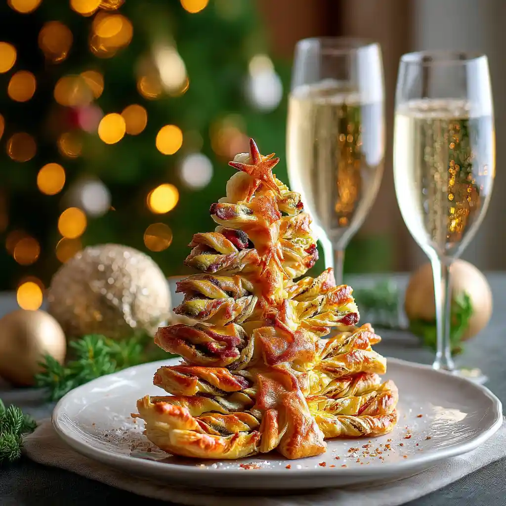 Sapin de noel feuilleté découpé en portions généreuses, servi avec champagne et accompagnements sur une table de fête