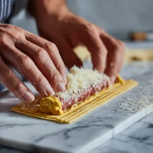 Étape 2 du feuilleté saucisse apéro : tartinage de moutarde, ajout de saucisse et roulement de la pâte