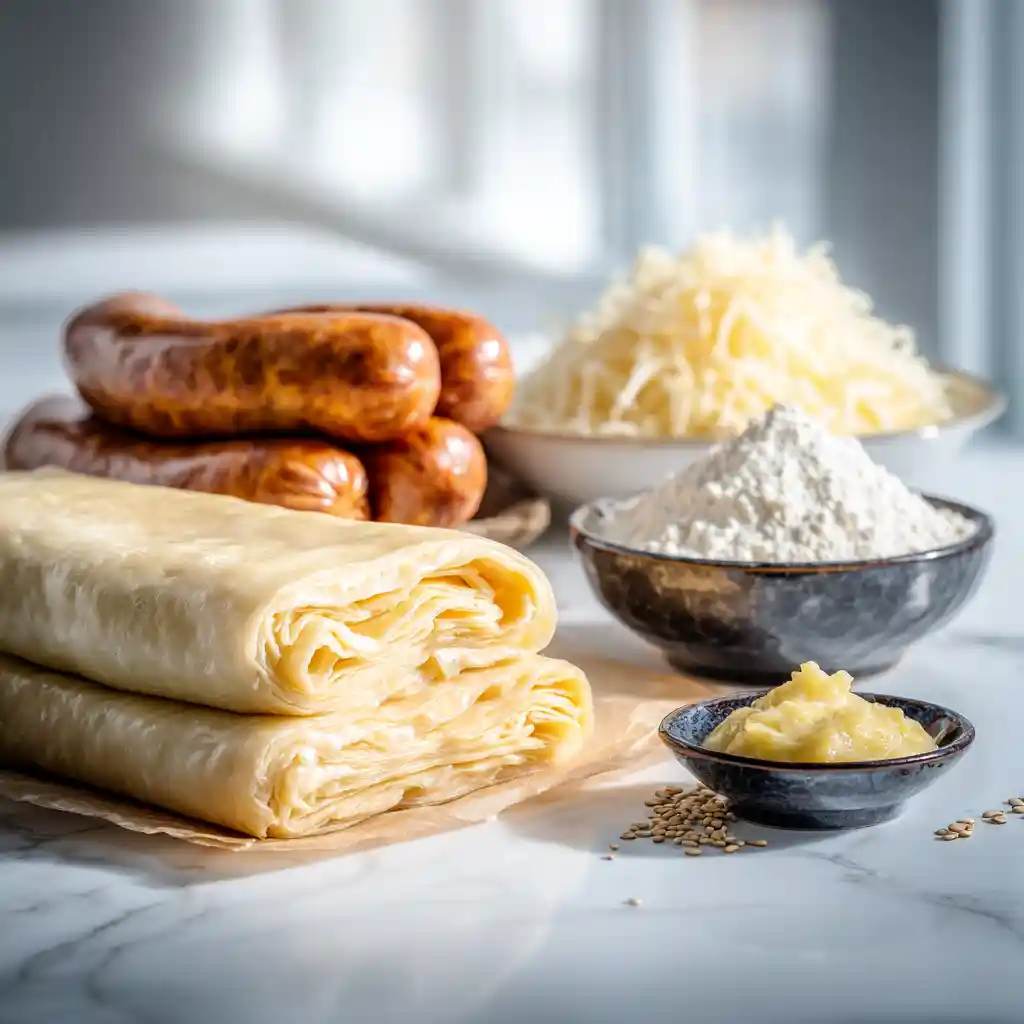 Ingrédients du feuilleté saucisse apéro : pâte feuilletée, saucisses de Strasbourg, gruyère et moutarde