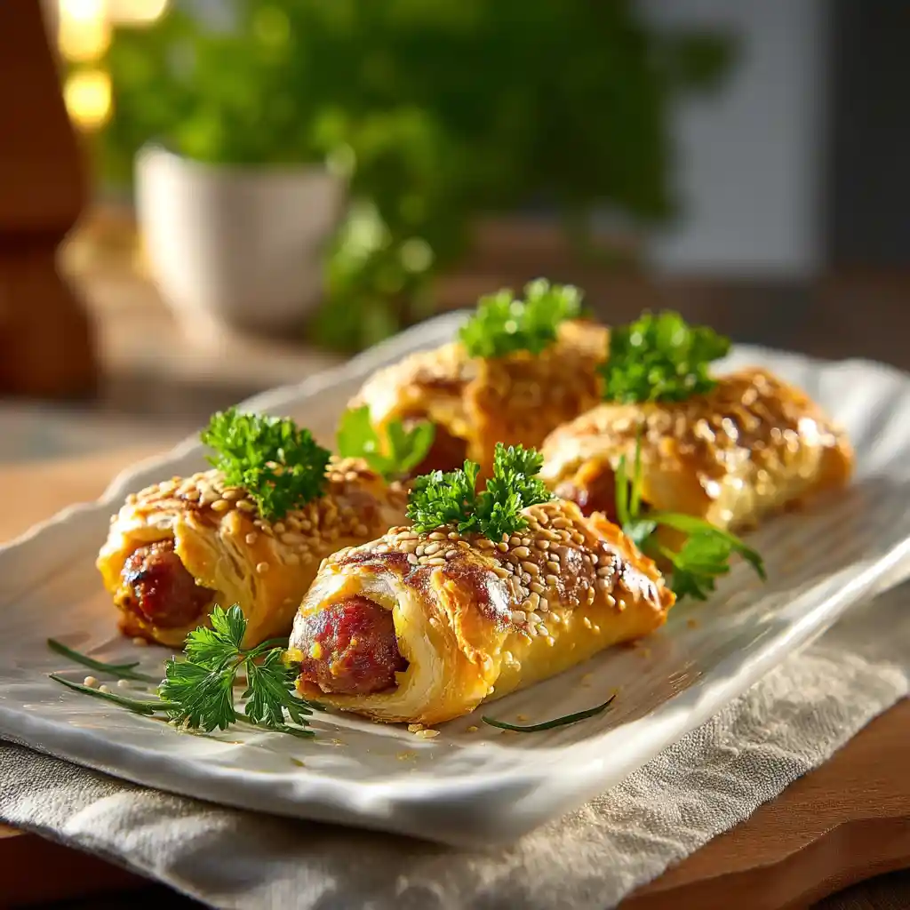 Présentation élégante du feuilleté saucisse apéro sur plateau blanc avec herbes fraîches