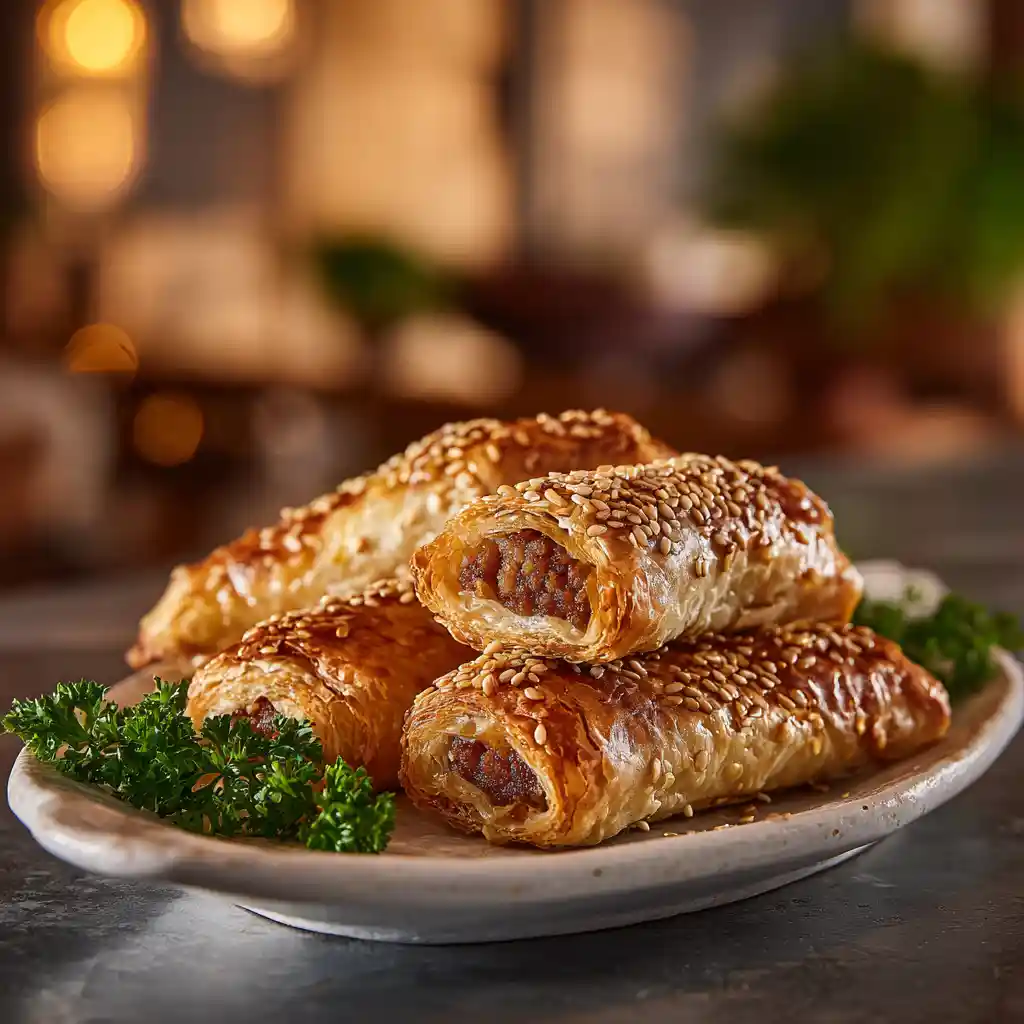 Plateau de feuilletés saucisse apéro dorés et croustillants, garnis de sésame, prêts à servir