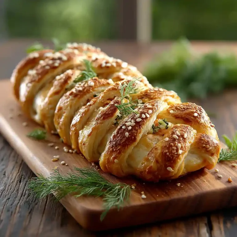 Feuilleté saumon tressé doré au sésame sur une planche en bois avec herbes fraîches, recette Chef Benoît Lambert