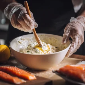 Étape 1 : Préparation de la garniture boursin-saumon pour les feuilletés, mélange crémeux dans un bol