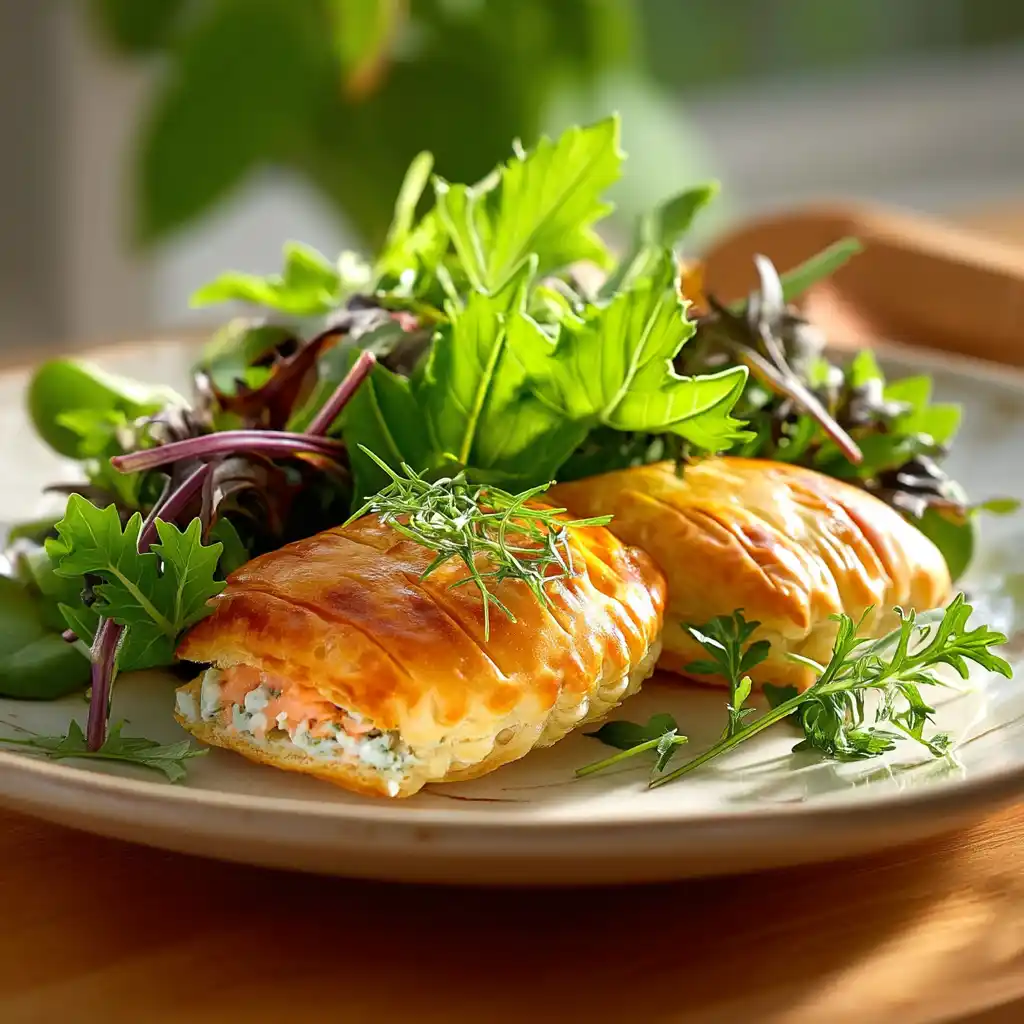Feuilletés saumon boursin servis élégamment sur un lit de jeunes pousses fraîches et salade mélangée