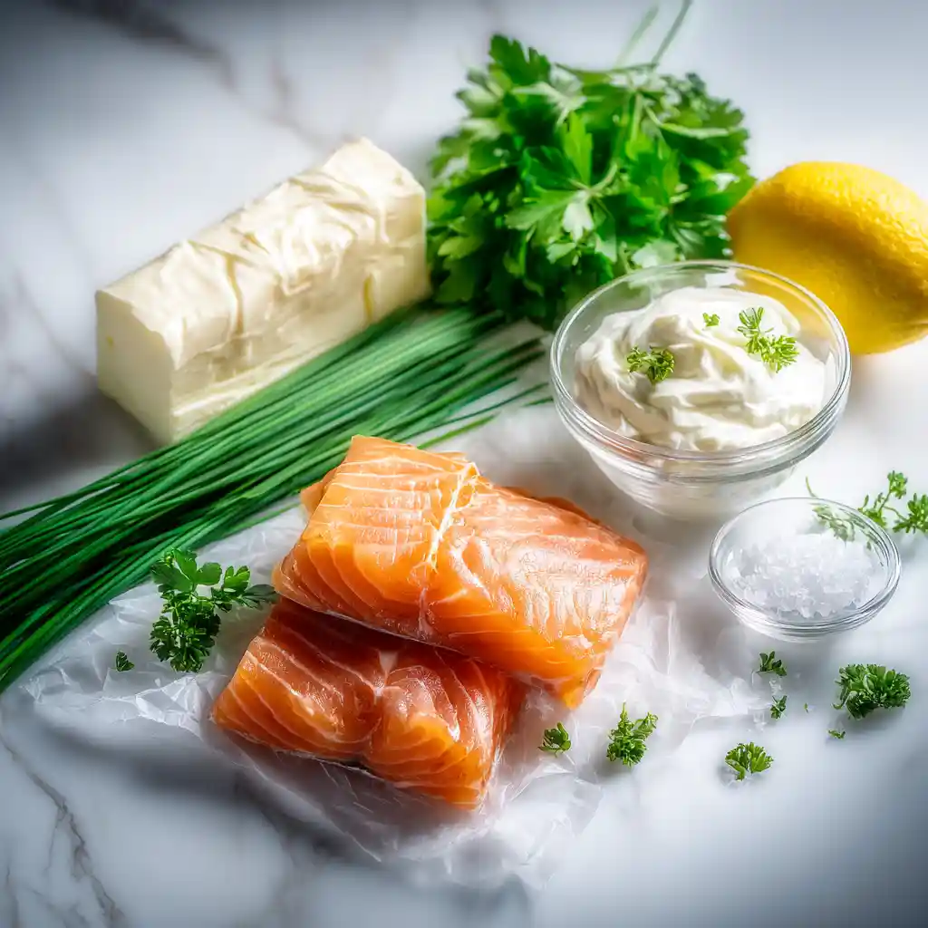 Ingrédients frais pour feuilleté au saumon : pâte feuilletée, saumon fumé, crème, ciboulette, coriandre et citron