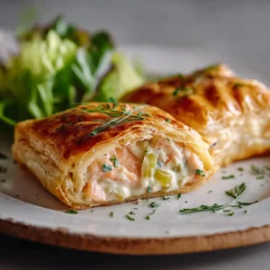 Recette de feuilleté saumon poireaux maison avec pâte dorée croustillante et garniture crémeuse visible à l'intérieur