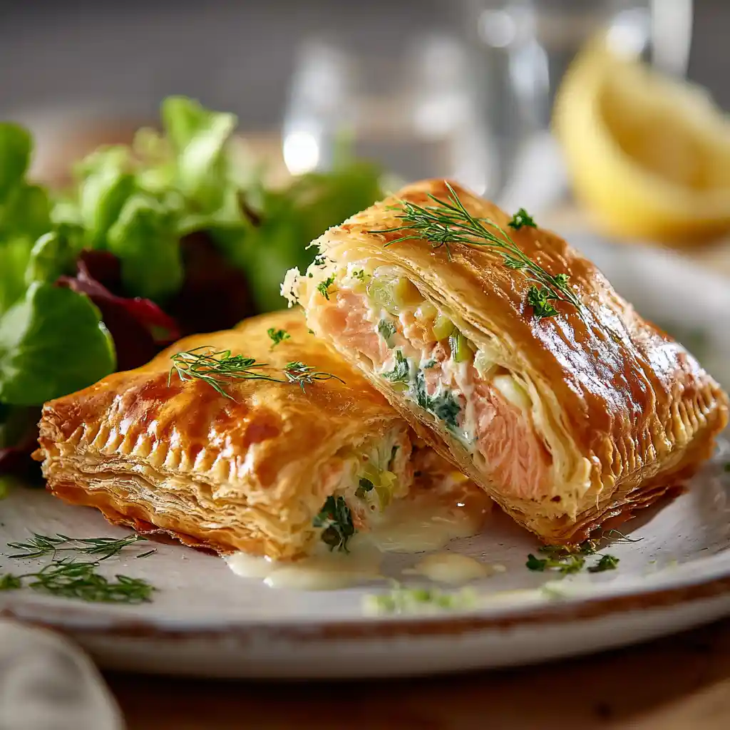 Feuilleté saumon poireaux doré et croustillant coupé en deux pour montrer la garniture crémeuse au saumon fumé et poireaux fondants
