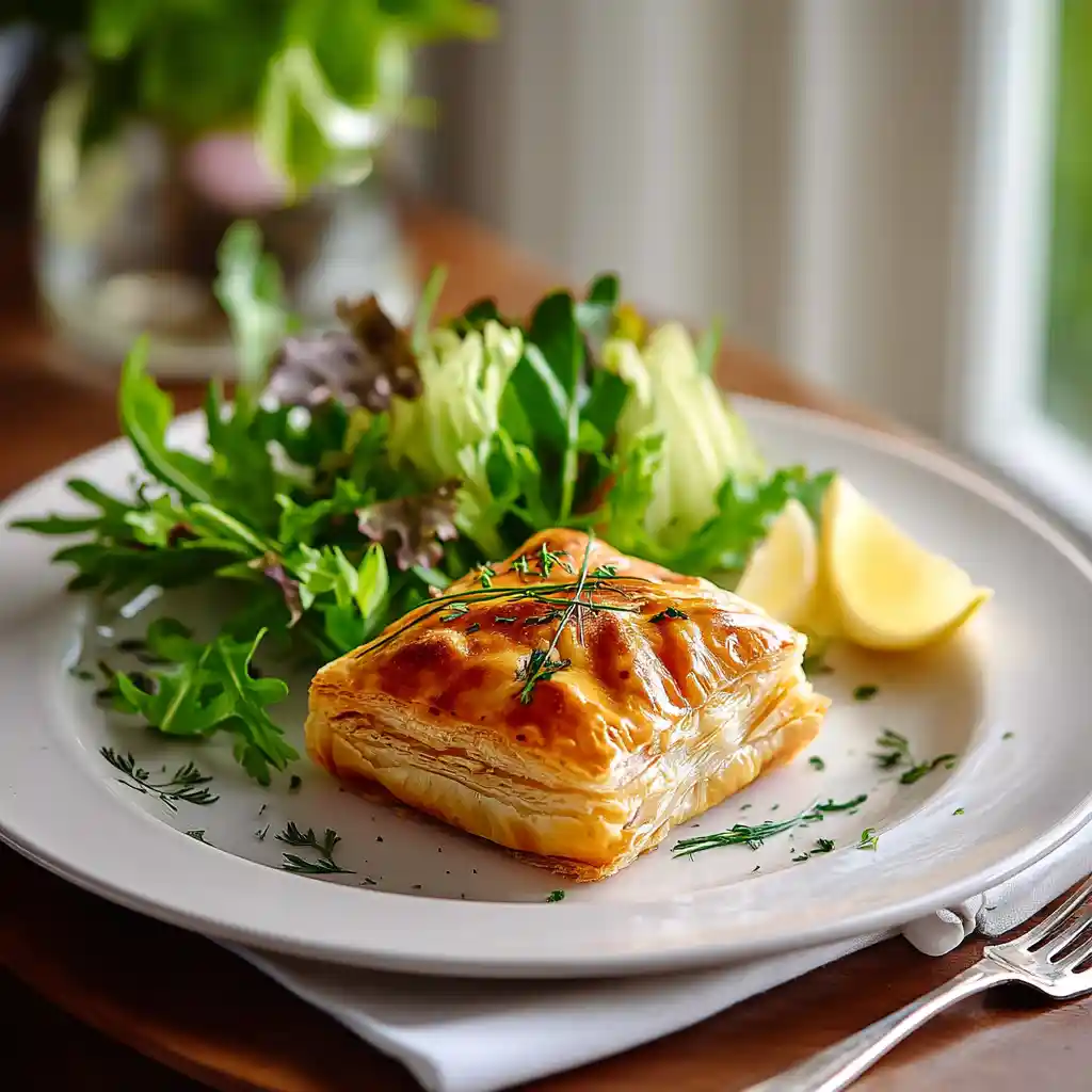 Assiette élégante avec feuilleté saumon poireaux doré accompagné de salade de roquette fraîche et vinaigrette au citron