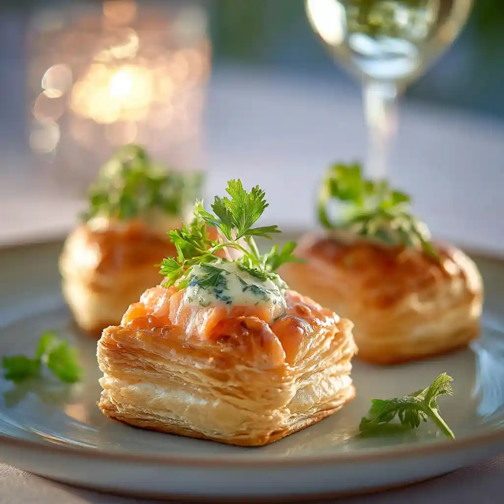 Présentation d'un feuilleté au saumon sur assiette, accompagné d'un verre de Sauvignon Blanc blanc