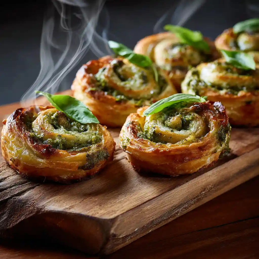 Feuilletés roulés dorés au pesto, jambon cru et mozzarella fraîchement sortis du four, disposés sur une planche en bois rustique