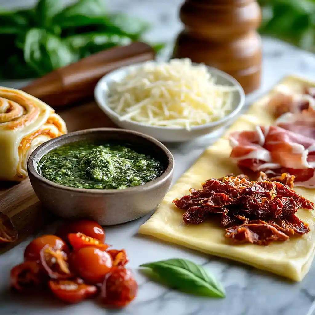 Ingrédients pour la recette escargots à l'italienne: pâte feuilletée, pesto, mozzarella, jambon cru, tomates séchées, basilic