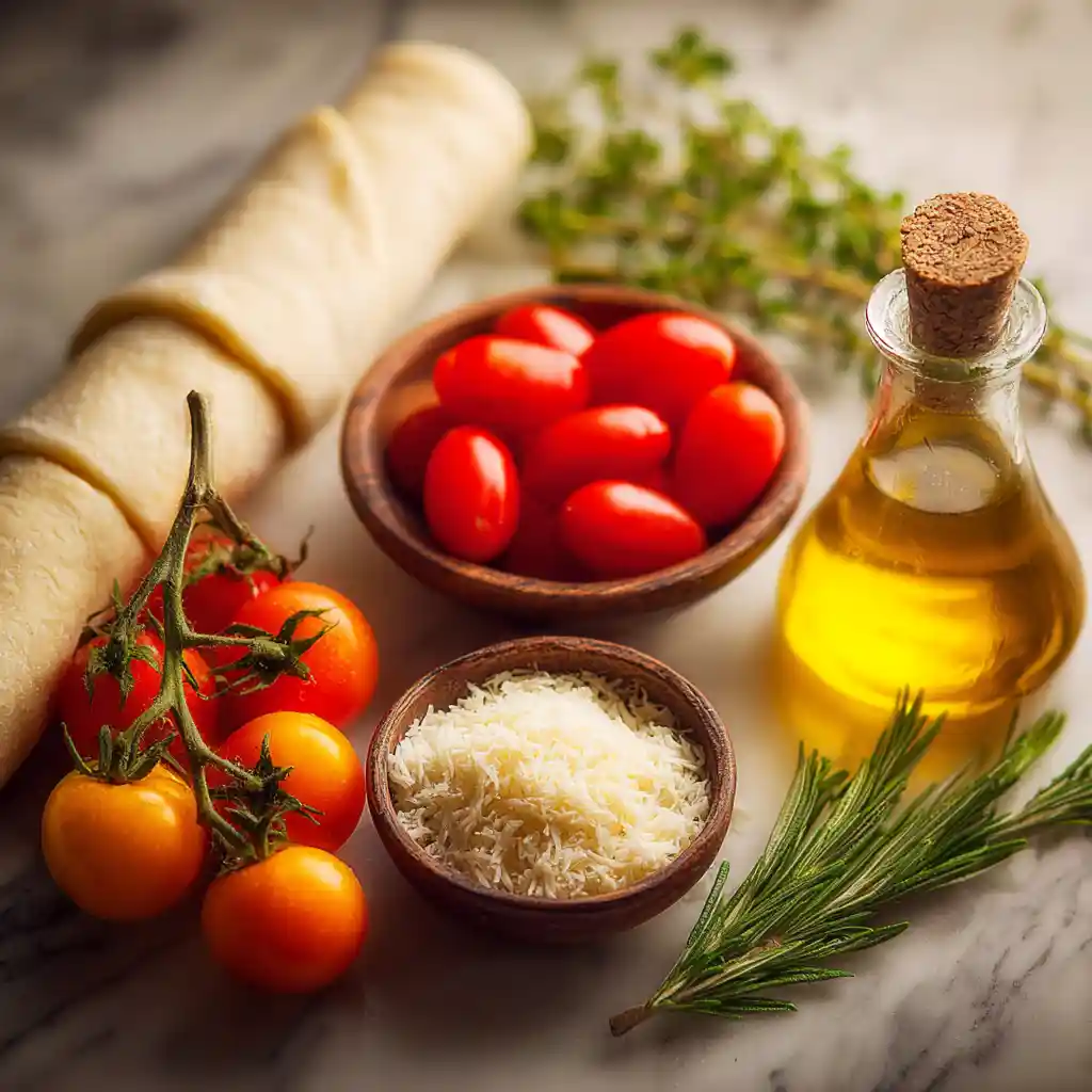 Ingrédients pour apéritif feuilleté à la tomate : pâte feuilletée, tomates cerises, gruyère râpé, thym et romarin frais