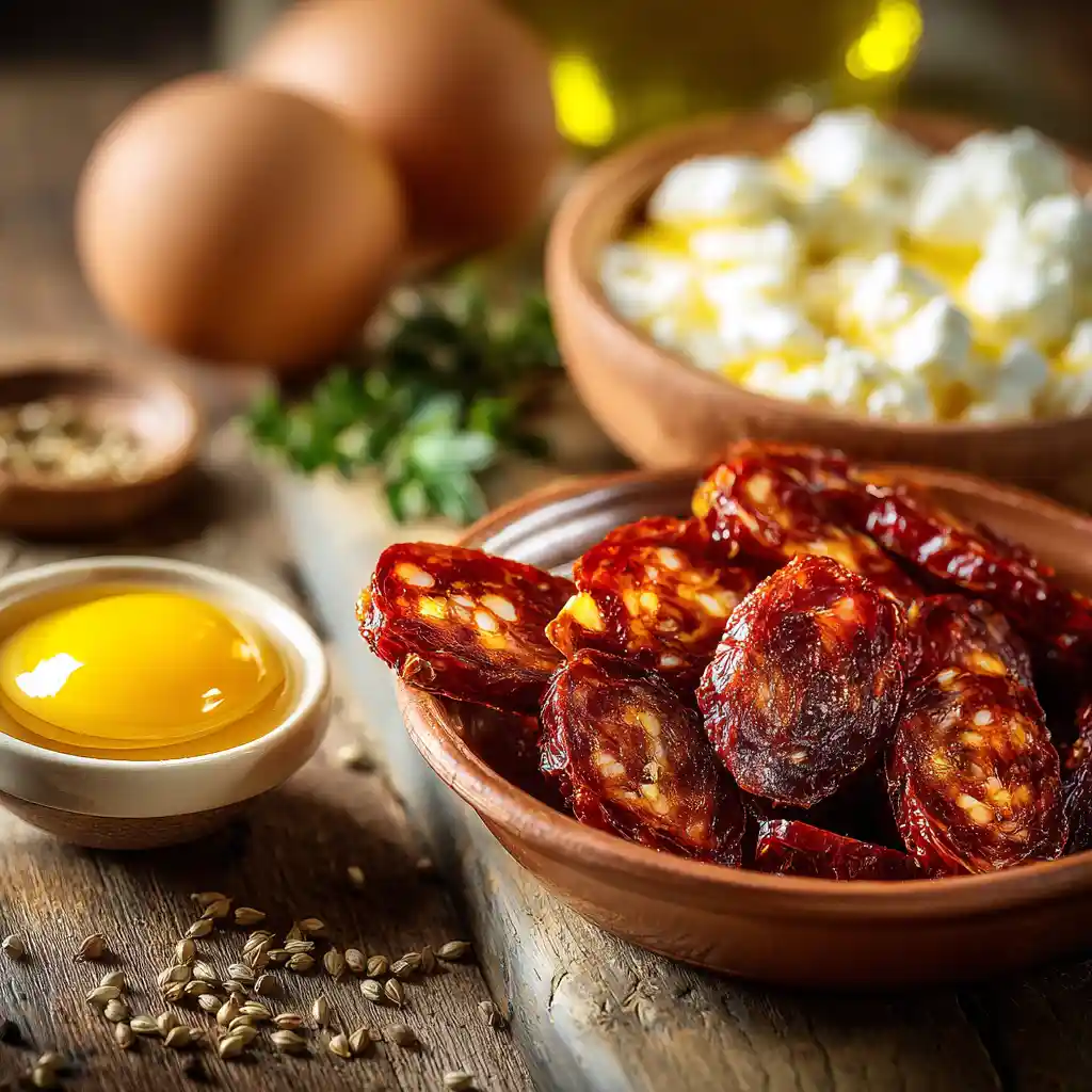 Ingrédients pour feuilletés chorizo disposés sur plan de travail : pâte feuilletée, chorizo, fromage de chèvre, œuf, cumin, huile d'olive