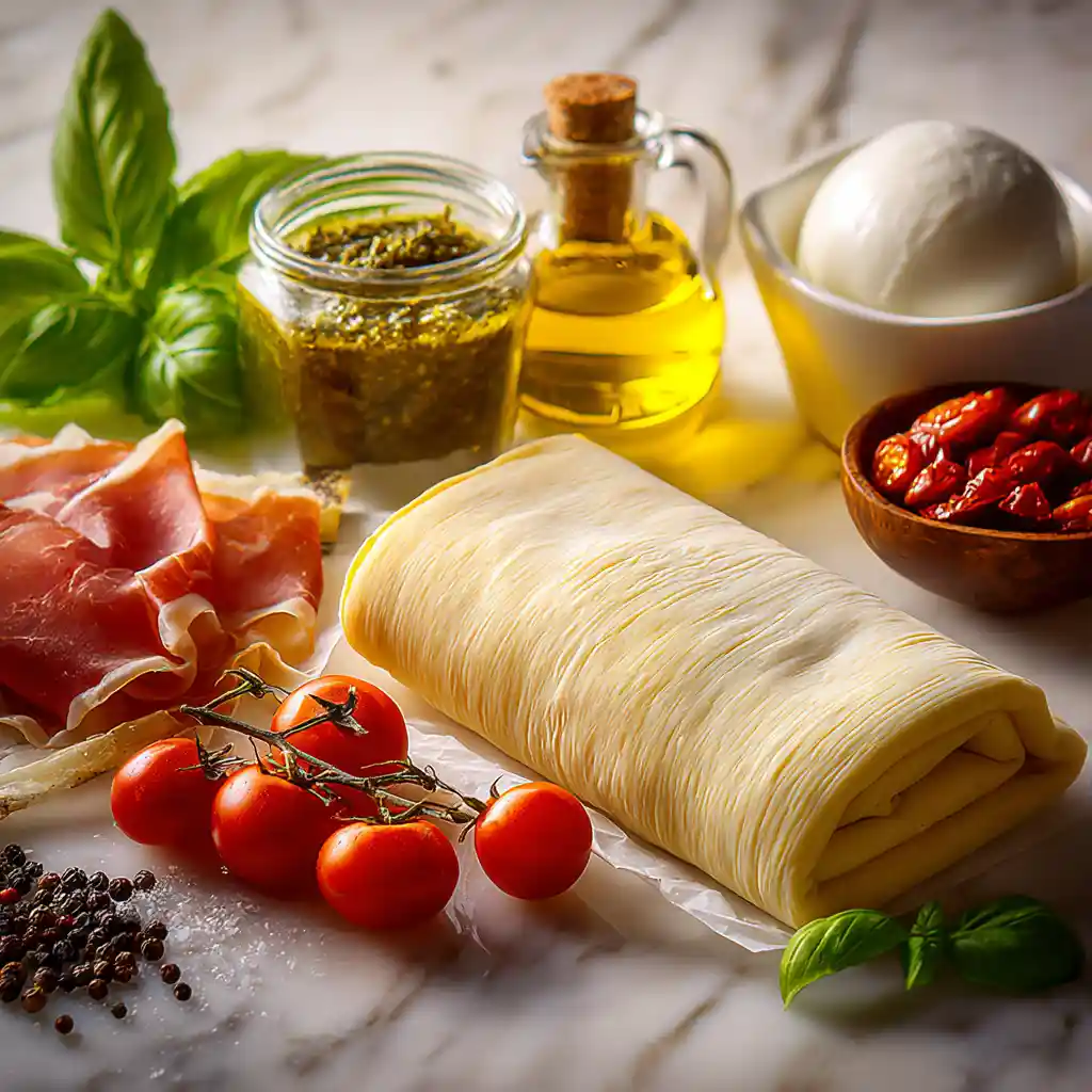 Ingrédients pour feuilletés roulés disposés sur un plan de travail: pâte feuilletée, pesto, mozzarella, jambon cru, tomates semi-confites et basilic frais