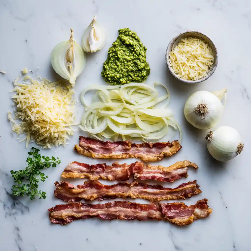 Tous les ingrédients pour le sapin de noel pate feuilletée: pâtes feuilletées, pesto, pancetta, crème, emmental et oignon frais