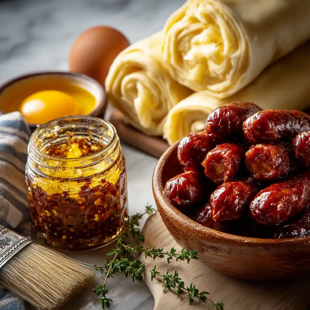 Ingrédients pour saucisses cocktail en feuilleté : pâte feuilletée pur beurre, saucisses cocktail, moutarde à l'ancienne et jaune d'œuf