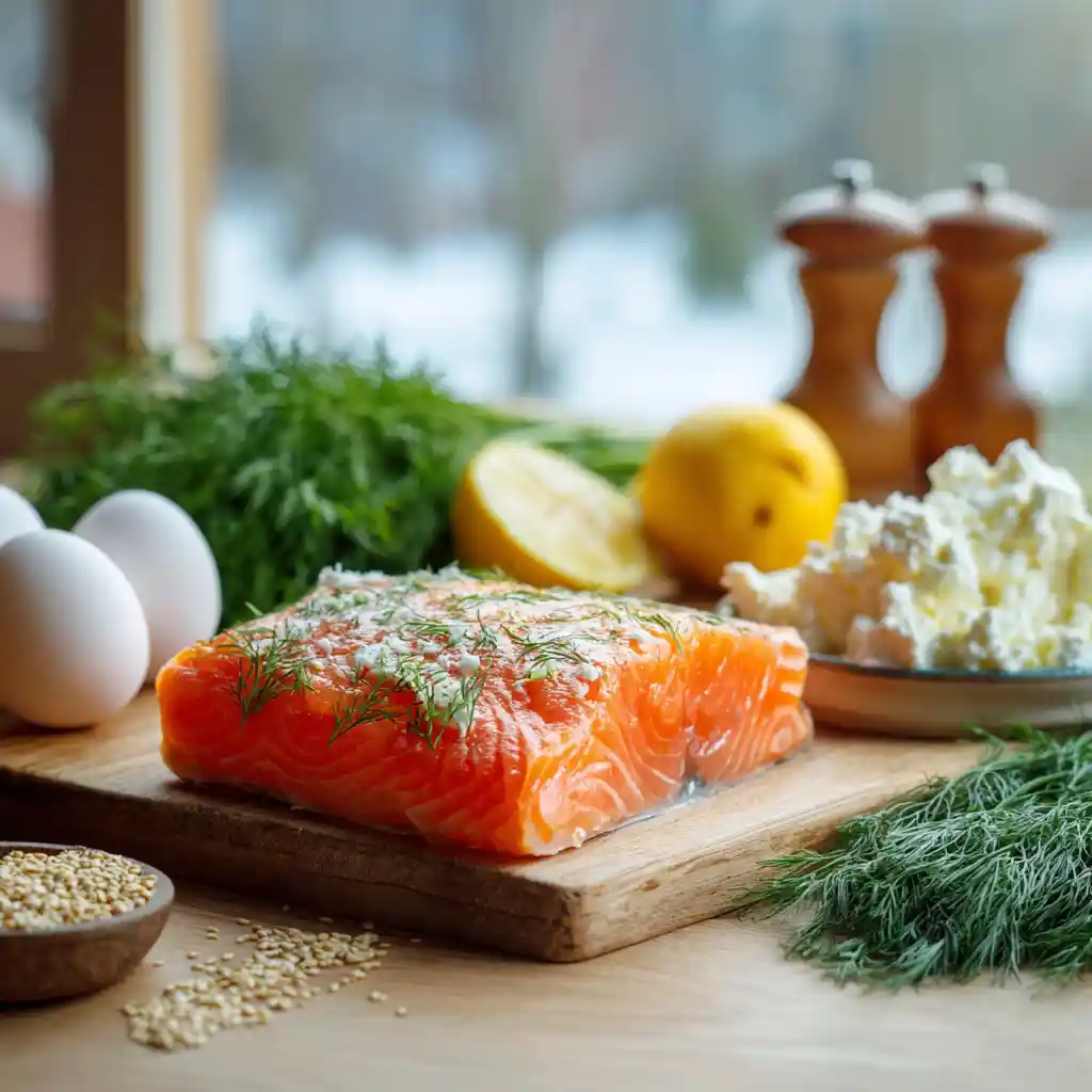 Ingrédients pour feuilleté saumon disposés sur table en bois : saumon frais, pâte feuilletée, chèvre, aneth, citron et sésame