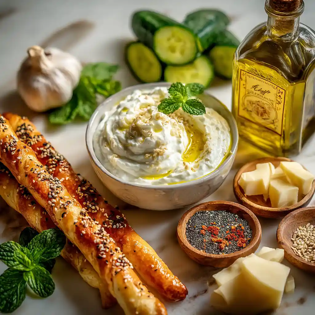 Ingrédients pour la recette de tzatziki et gressins feuilletés : yaourt grec, concombre, pâte feuilletée, graines