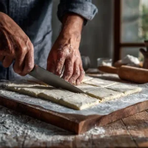 Découpage de la pâte feuilletée en rectangles pour préparer des feuilletés apéritifs à la tomate