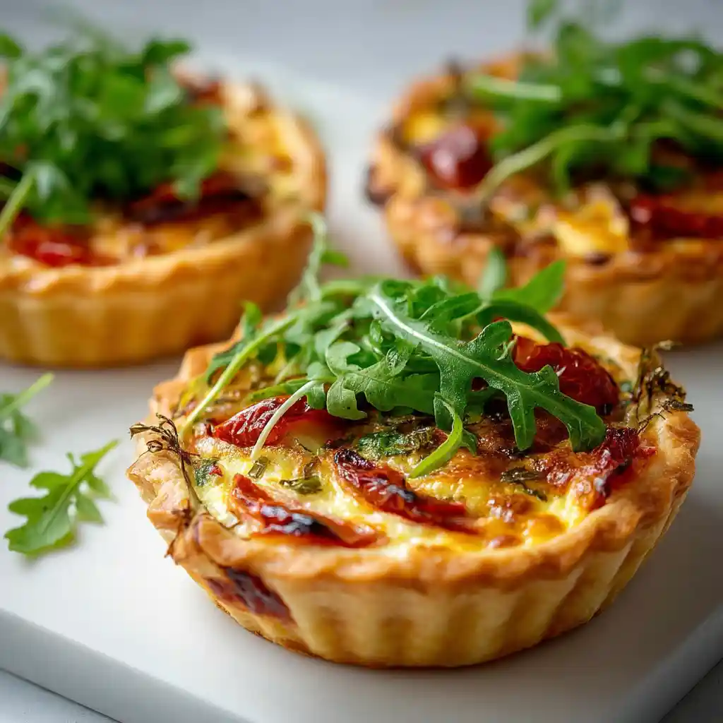 Quiche pâte feuilletée dorée du Chef Benoît Lambert avec jambon, emmental, tomates confites et roquette fraîche sortant du four