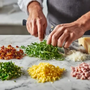Étape 1 quiche pâte feuilletée - préparation des ingrédients avec roquette hachée, jambon et tomates en dés sur plan de travail